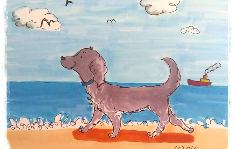 海辺を歩く犬のイラスト